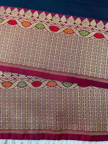 Banarasi Katan Silk Saree | Navy Blue & Maroon | Gold and Silver Zari | Handwoven | Silk Mark Certified | Ships from California
